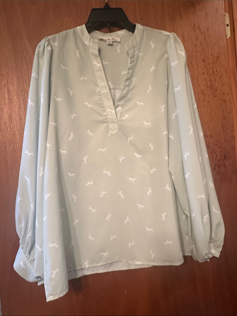 Vine & Love Pale Mint Green Horse Print V-Neck Blouse